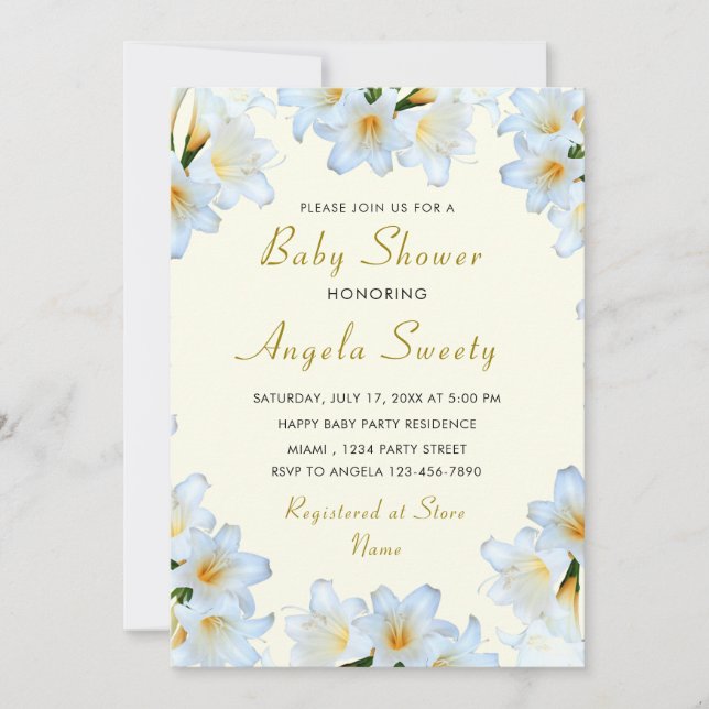 White Lilies Frame Baby Dusche Einladung Vorlage (Vorderseite)