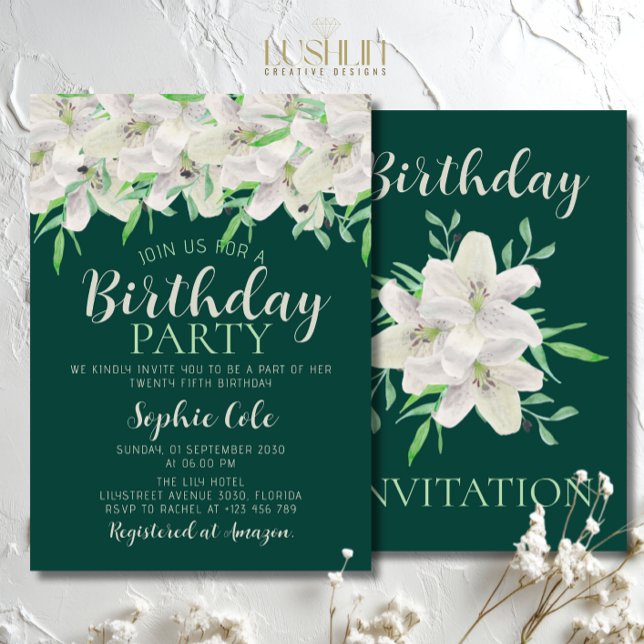 White Lily Birthday Elegante Emerald Green Floral Einladung (Von Creator hochgeladen)
