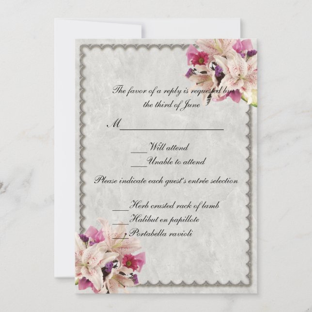 White Lily Floral Marble Wedding Response Card Einladung (Vorderseite)