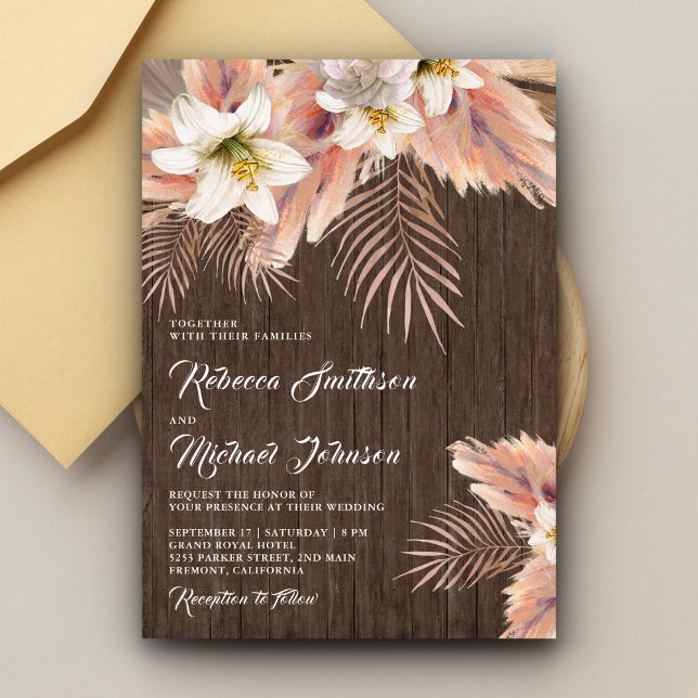 White Lily Floral Palm Pampas Barn Wood Wedding Einladung (Von Creator hochgeladen)