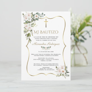 White Lily Rose Bautizo Con Flores Gold Baptism Einladung