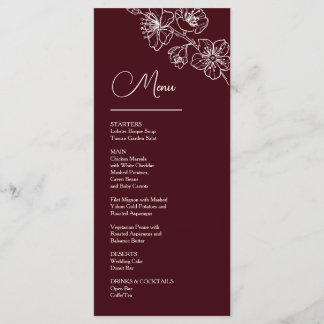 White Line Art Flowers Deep Burgundy Wedding Menükarte