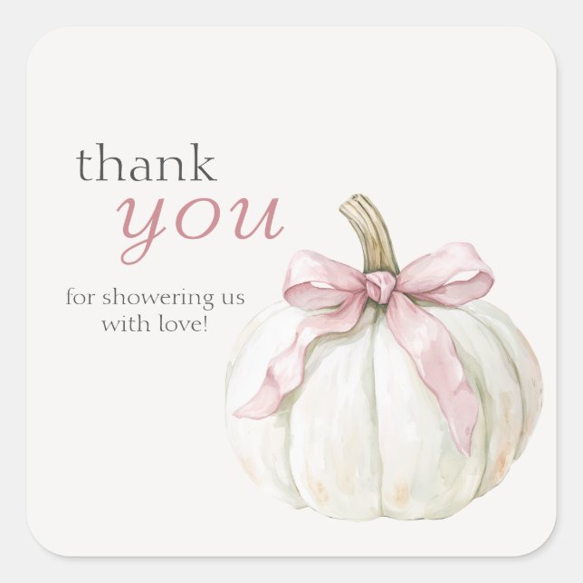 White Little Pumpkin Pink Bow Baby Dusche Danke Quadratischer Aufkleber (Vorderseite)