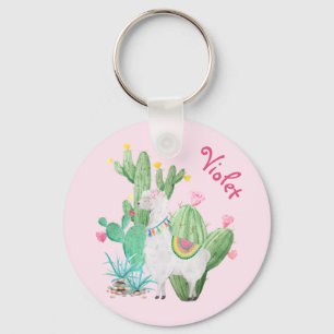 White Llama & Cactus w Flowers - Pastel Pink Schlüsselanhänger