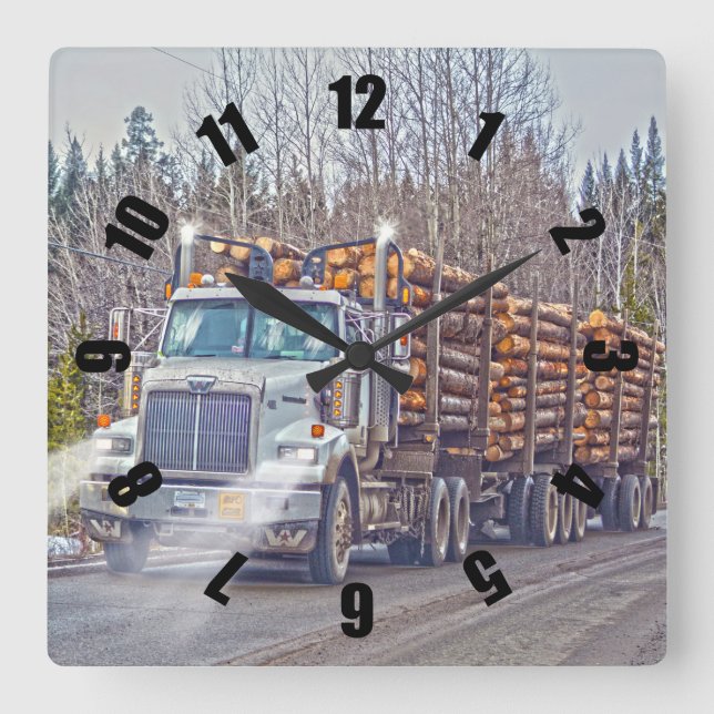 White Logging Truck Lumber Mill Delivery Art Quadratische Wanduhr (Vorderseite)