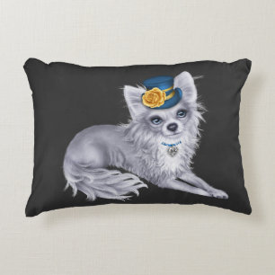 WHITE Long Hair Chihuahua Kissen mit Hut
