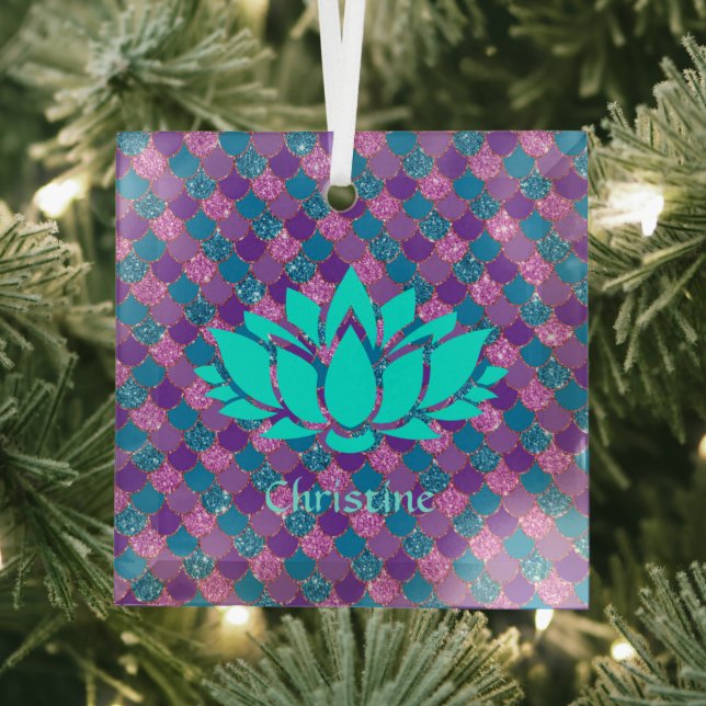 White Lotus Blume über mehrfarbige Meerjungenskala Ornament Aus Glas (Insitu)