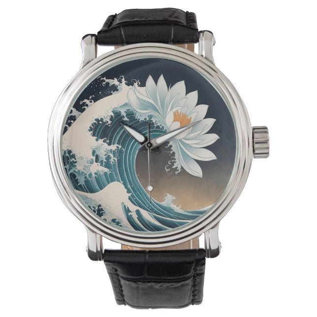 White Lotus & Ocean Wave - Eleganz in Motion Armbanduhr (Vorderseite)