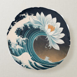 White Lotus & Ocean Wave - Eleganz in Motion Rundes Kissen