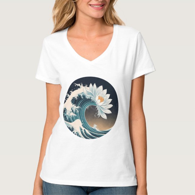 White Lotus & Ocean Wave - Eleganz in Motion T-Shirt (Vorderseite)