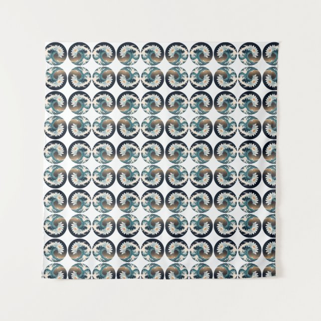 White Lotus & Ocean Wave - Eleganz in Motion Wandteppich (Vorderseite)