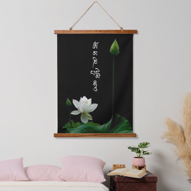White Lotus Om Mani Padme Hum Buddhist Mantra Wandteppich Mit Holzrahmen (Schlafzimmer)