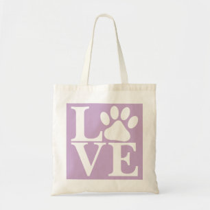 White LOVE Word Hundpawen Muster violetter Hinterg Tragetasche