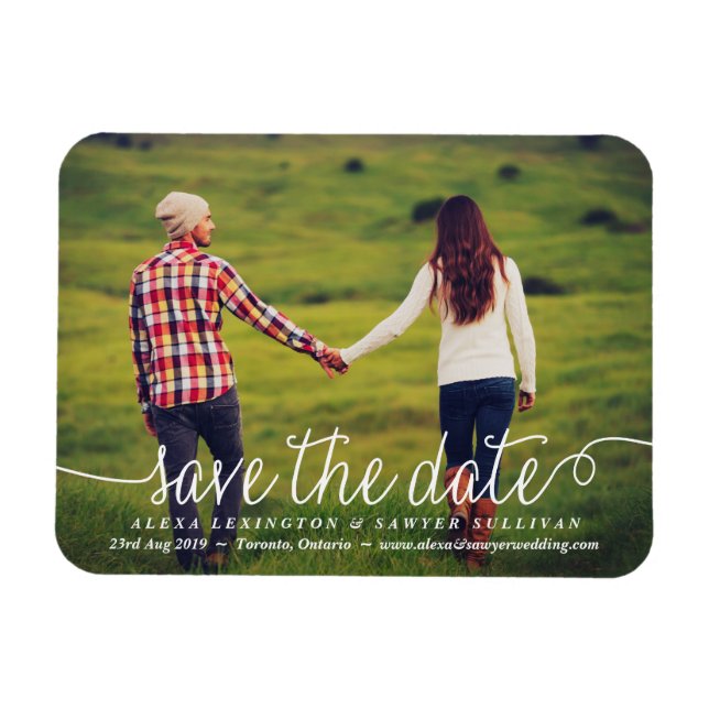 White Lovely Calligraphy Foto Save the Date Magnet (Horizontal)