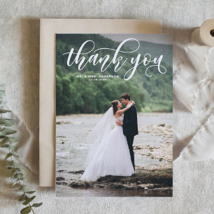 White Lovely Modern Calligraphy Foto Wedding Dankeskarte