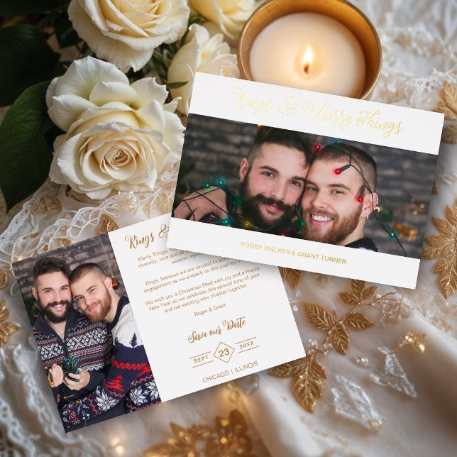 White Luxury Holiday Wedding 2 Fotos Weihnachten Folieneinladung (White Luxurious Holiday Wedding 2 Photos Save the Dates Cards as Christmas Cards.)