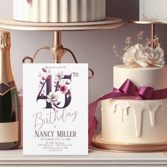 White & Magenta Blume 45. Geburtstag Einladung (Von Creator hochgeladen)