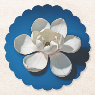 White Magnolia Blue Scalloped Round Untersetzer