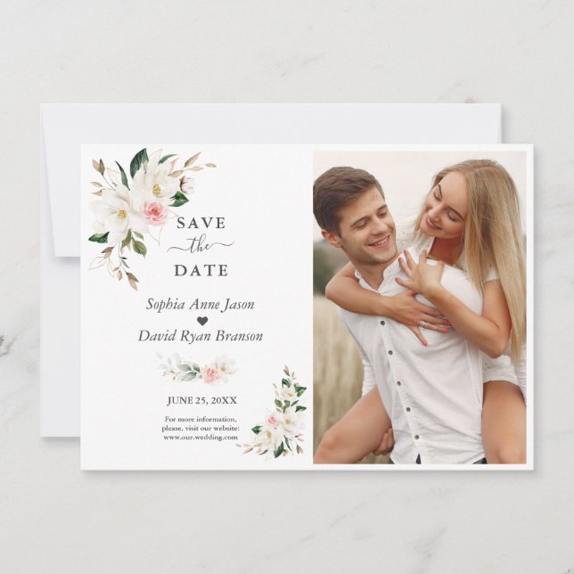 White Magnolia Blume Foto Hochzeit Save The Date (Vorderseite)