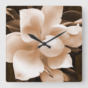 White Magnolia Blume Sepia Schwarzer Hintergrund Quadratische Wanduhr
