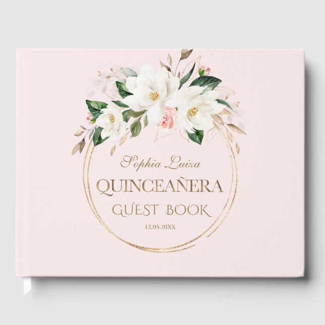 White Magnolia Blush Floral Gold Quinceañera Gästebuch (Vorderseite)