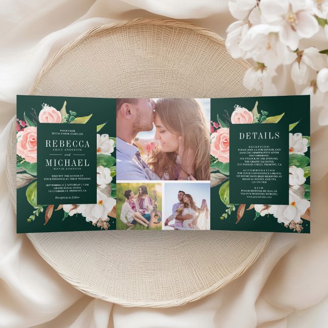 White Magnolia Blush Pink Floral Emerald Wedding Dreifach Gefaltete Einladung (Von Creator hochgeladen)