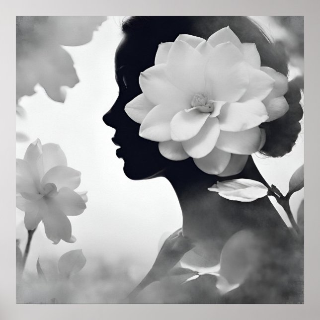 White Magnolia Dreamy Girl Modern Black & White Poster (Vorne)