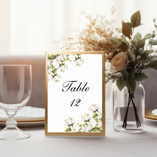 White Magnolia Floral Elegante Hochzeitsfeier Tisc Tischnummer (White Magnolia Floral Elegant Table number cards for wedding Rehearsal Dinner)