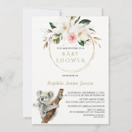 White Magnolia Gold Niedlich Koala Babydusche Einladung