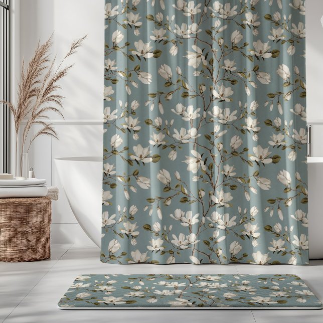 White Magnolia Grove on Duck Blue Elegant Floral  Duschvorhang (Von Creator hochgeladen)