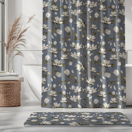 White Magnolia Grove on Slate Blue Elegant Floral Duschvorhang