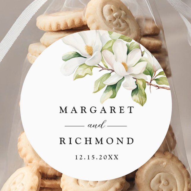 White Magnolia Hochzeitsfeier Runder Aufkleber (Von Creator hochgeladen)