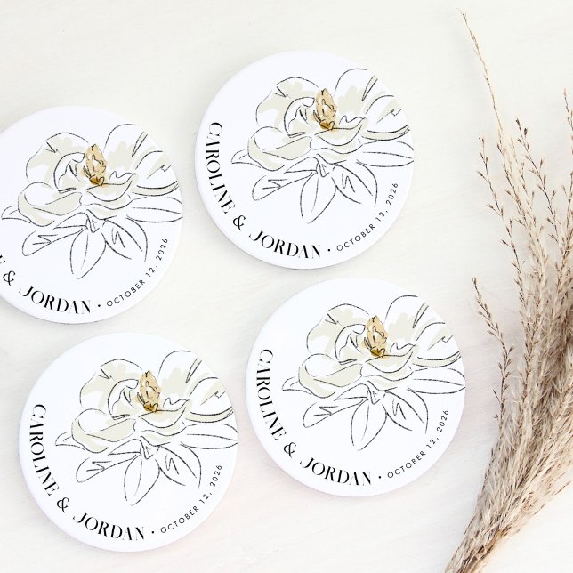 White Magnolia Illustration Wedding Individuelle N Getränkeuntersetzer (Beautiful Southern-inspired white magnolia illustration wedding custom name sandstone coasters.)