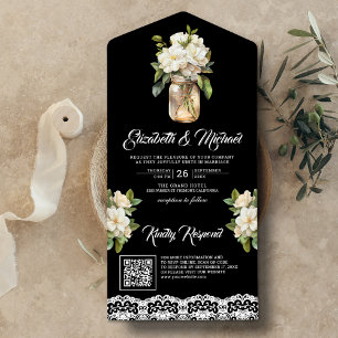 White Magnolia Mason Jar Black QR Code Hochzeit All In One Einladung