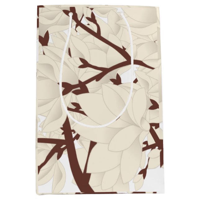 White Magnolia Print Medium Gift Bag Mittlere Geschenktüte (Vorderseite)