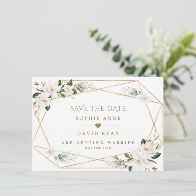 White Magnolia Rose Save The Date (Stehend Vorderseite)
