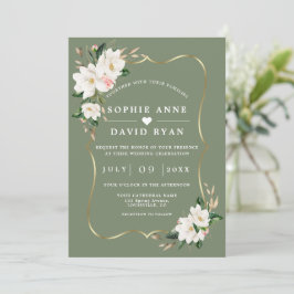 White Magnolia Sage Green All In One Wedding   Einladung