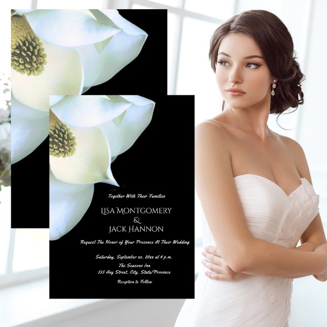 White Magnolia Schwarz-weiße Hochzeit der Blumen Einladung (White Magnolia Elegant Black White Floral Wedding Invitation)