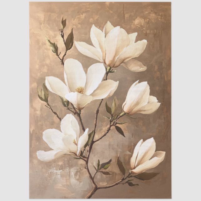 White Magnolias auf Gold Decoupage Tissue Paps Seidenpapier (Vorderseite)