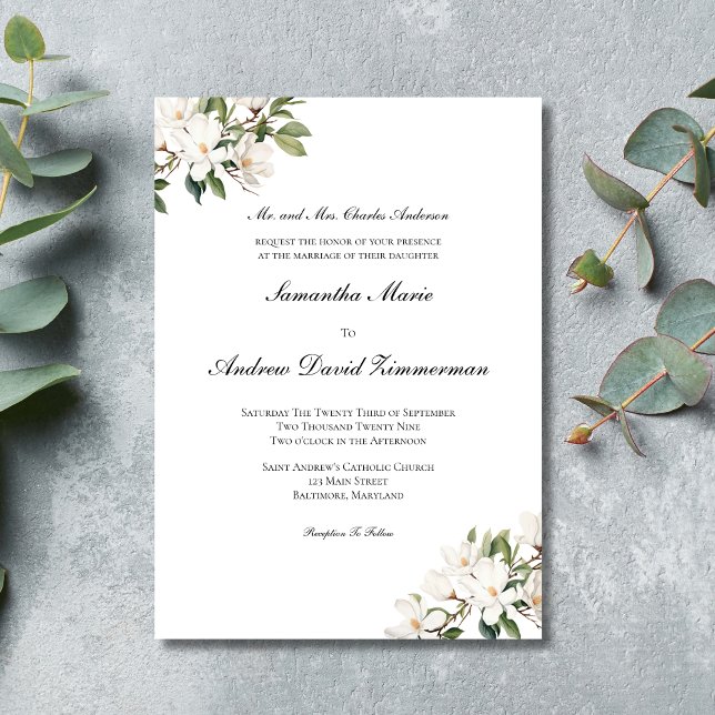 White Magnolias Classic Hochzeit Einladung (Elegant Classic Traditional White Magnolias Wedding invitation)
