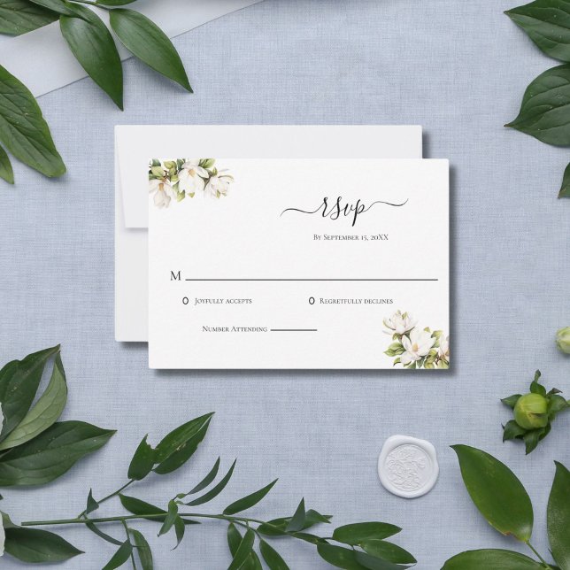 White Magnolias Elegante Wedding RSVP Card Karte (White Magnolia Floral Classic Elegant Wedding RSVP Card)
