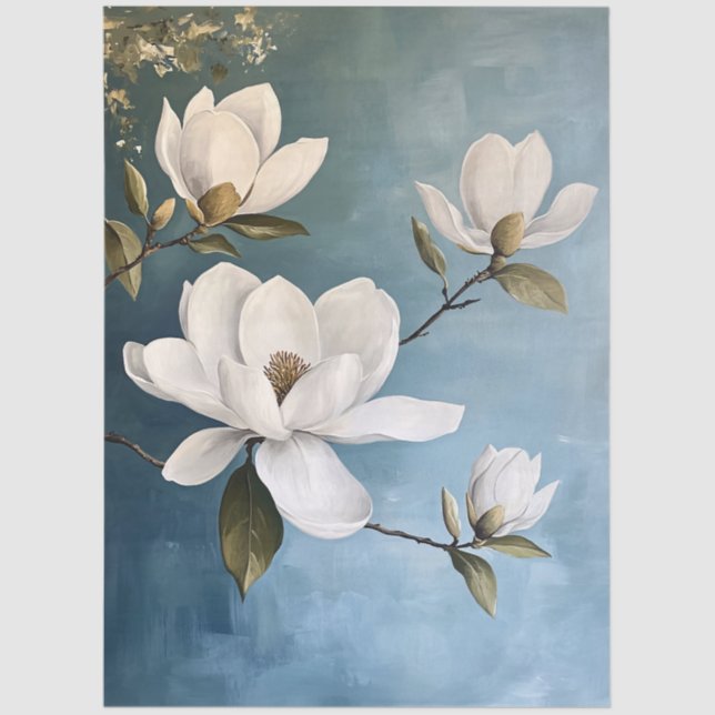 White Magnolias on Blue Decoupage Tissue Paps Seidenpapier (Vorderseite)