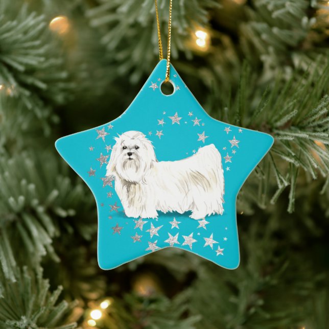 White Maltese Hund Silver Stars Aquamarin Weihnach Keramik Ornament (Baum)