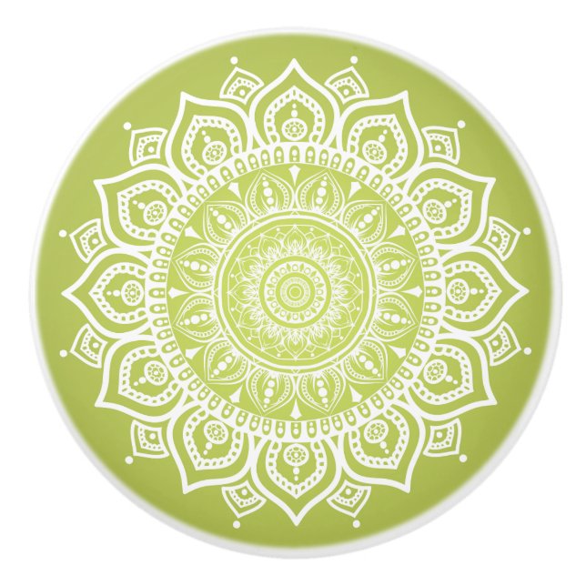 White Mandala auf der grünen Keramik Pull Knob Keramikknauf (Vorderseite)