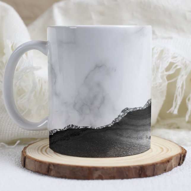 White Marble Black Agate Silver Glitter  Kaffeetasse (Von Creator hochgeladen)