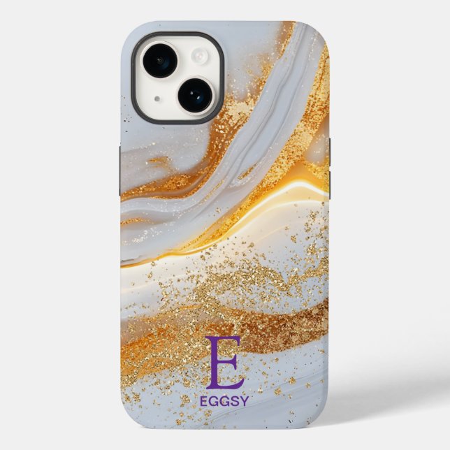 White marble chic gold glitter monogram Case-Mate iPhone hülle (Rückseite)
