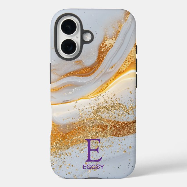 White marble chic gold glitter monogram Case-Mate iPhone hülle (Rückseite)