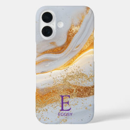 White marble chic gold glitter monogram iPhone 16 hülle