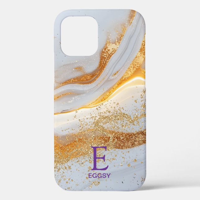 White marble chic gold glitter monogram Case-Mate iPhone hülle (Rückseite)