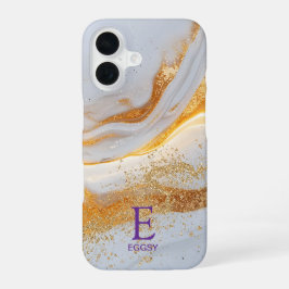 White marble chic gold glitter monogram iPhone 16 hülle